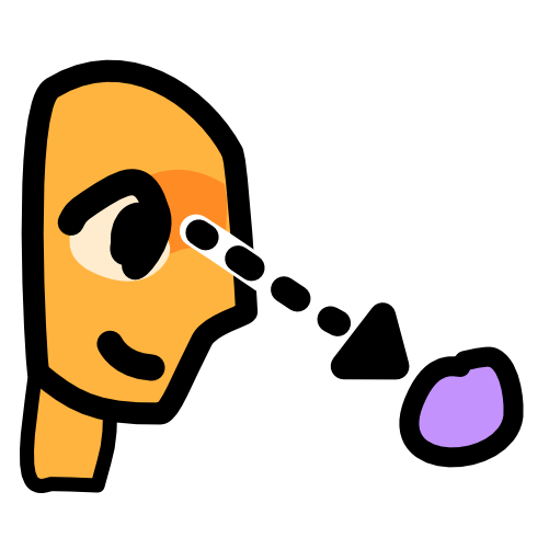A yellow head seen from the side has a dashed arrow pointing from its eye to a purple circle. The dashed line is outlined in white, the rest of the line art is black.